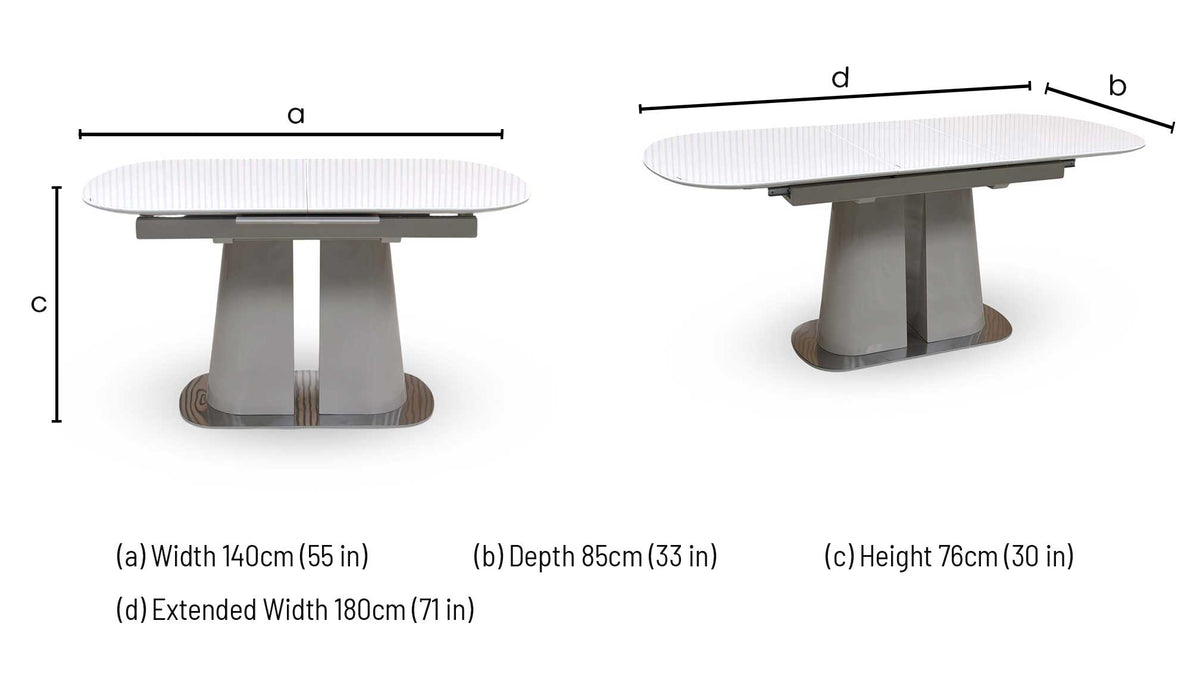 Cashmere tempered glass top small dining table dimensions: width 140cm (180cm extended), depth 85cm, height 76cm