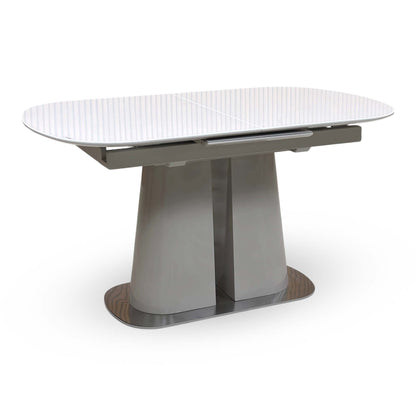 Cashmere white tempered glass top small extending dining table closed, angled from the right