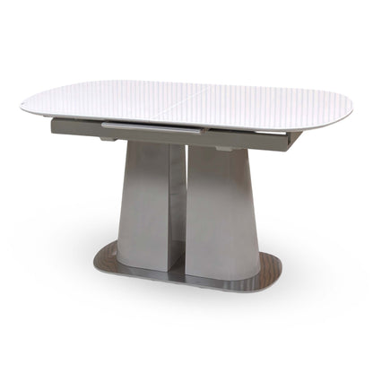 Cashmere white tempered glass top small extending dining table closed, angled from the left
