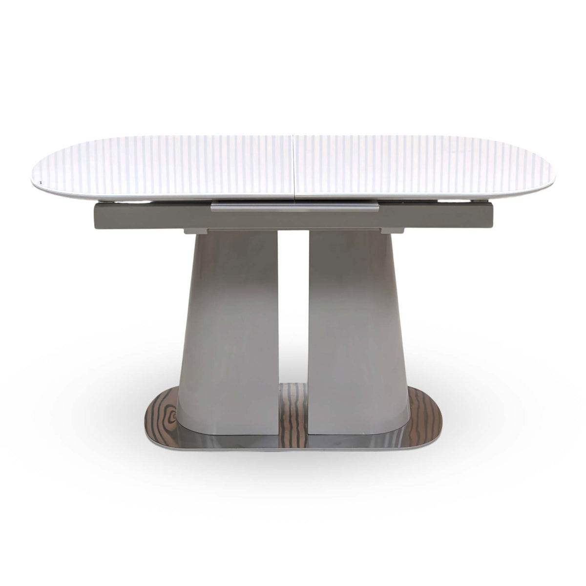 Front view of the Cashmere white tempered glass top small extending dining table on its grey twin pedestal