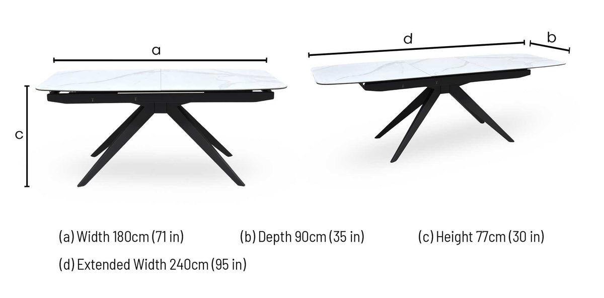 Carrera ceramic top dining table dimensions: width 180cm, depth 90cm, height 77cm, extended width 240cm