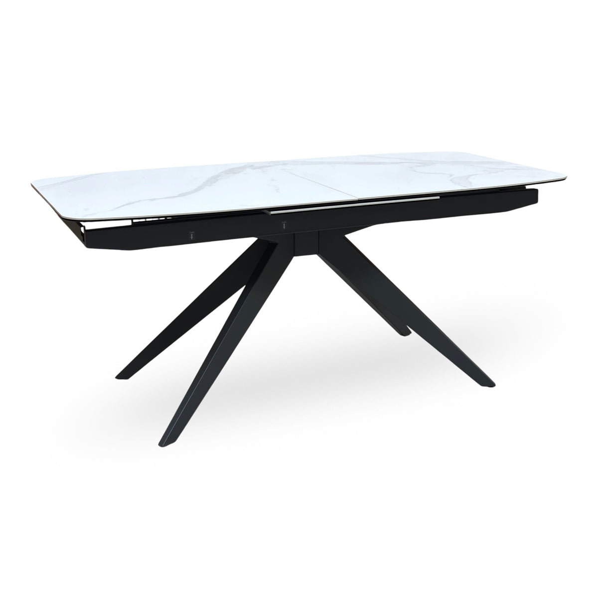 Carrera white marble effect ceramic top dining table closed, angled from the left