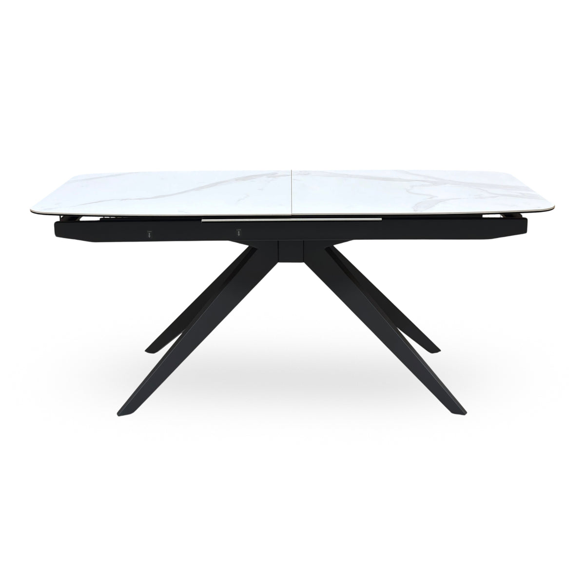 Front view of the Carrera ceramic top extending dining table closed, showing the centre join and black legs