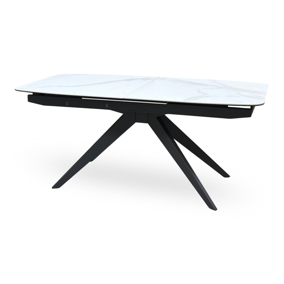 Carrera ceramic top large dining table closed, angled from the right on its black angled legs