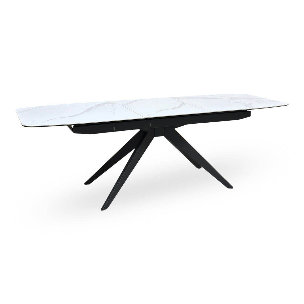 Carrera ceramic top large pop up extending dining table fully extended, angled view on a black spider base