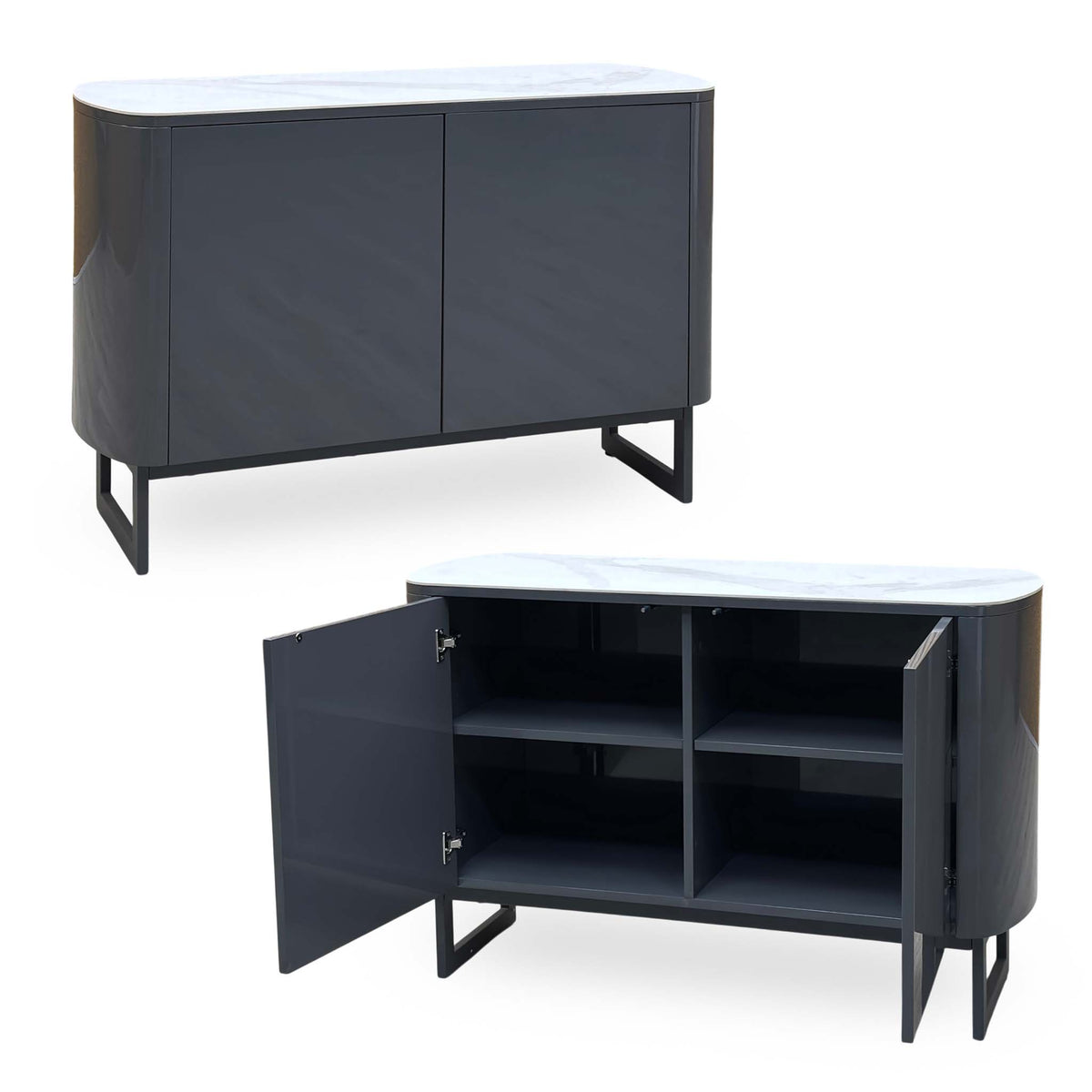Carrera ceramic top 2 door small sideboard shown closed and with both doors open to show the shelves