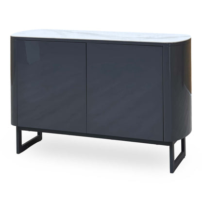 Carrera ceramic top 2 door small sideboard angled from the left showing the curved gloss sides