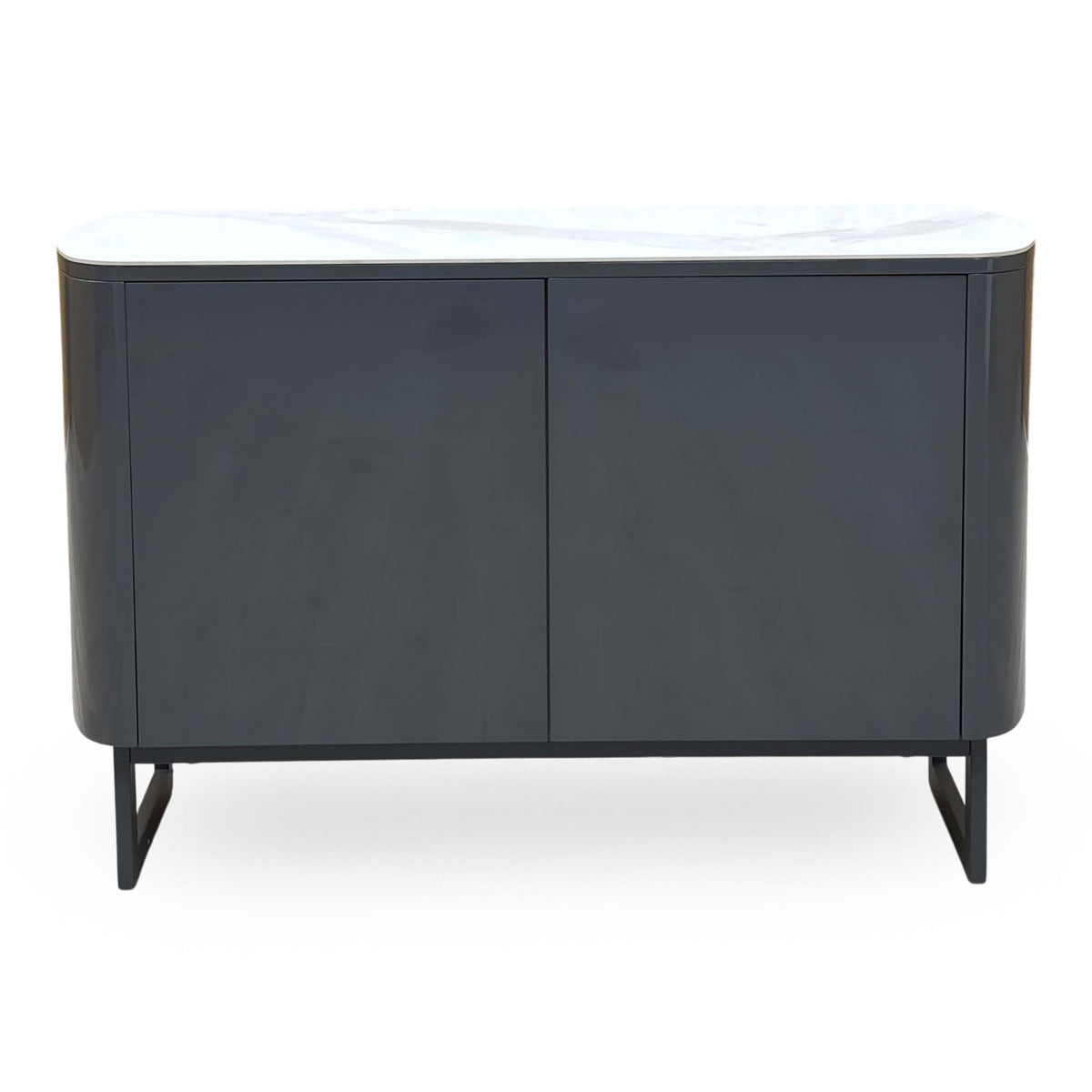 Front view of the Carrera ceramic top 2 door small sideboard on black metal sled legs