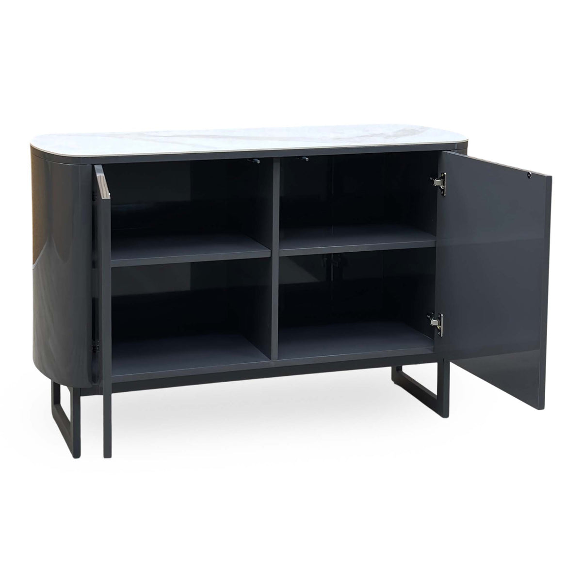 Carrera ceramic top small sideboard with the right door open to show the four shelved compartments
