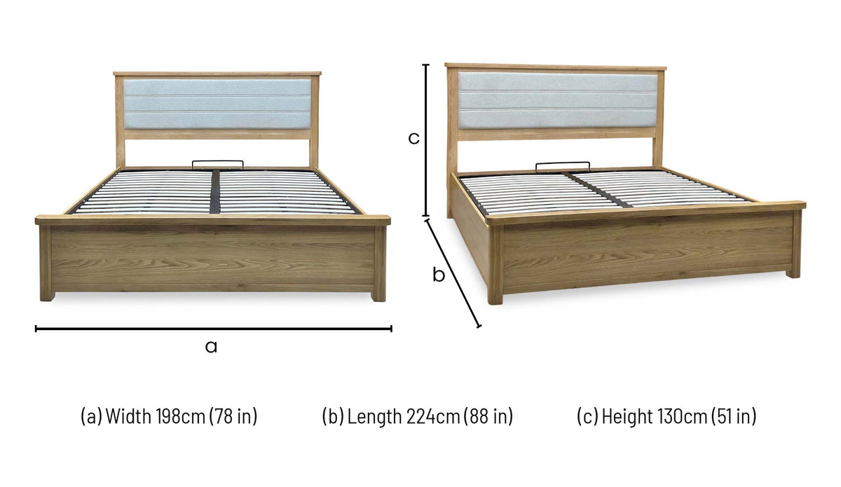 Augusta solid oak super king ottoman bed frame dimensions: width 198cm, length 224cm, height 130cm