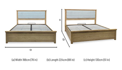 Augusta solid oak super king ottoman bed frame dimensions: width 198cm, length 224cm, height 130cm