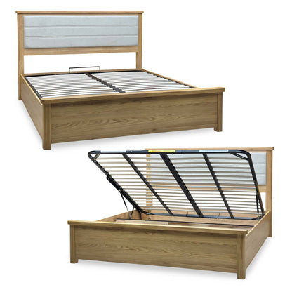 Augusta solid oak super king ottoman bed frame shown closed and with the slats lifted