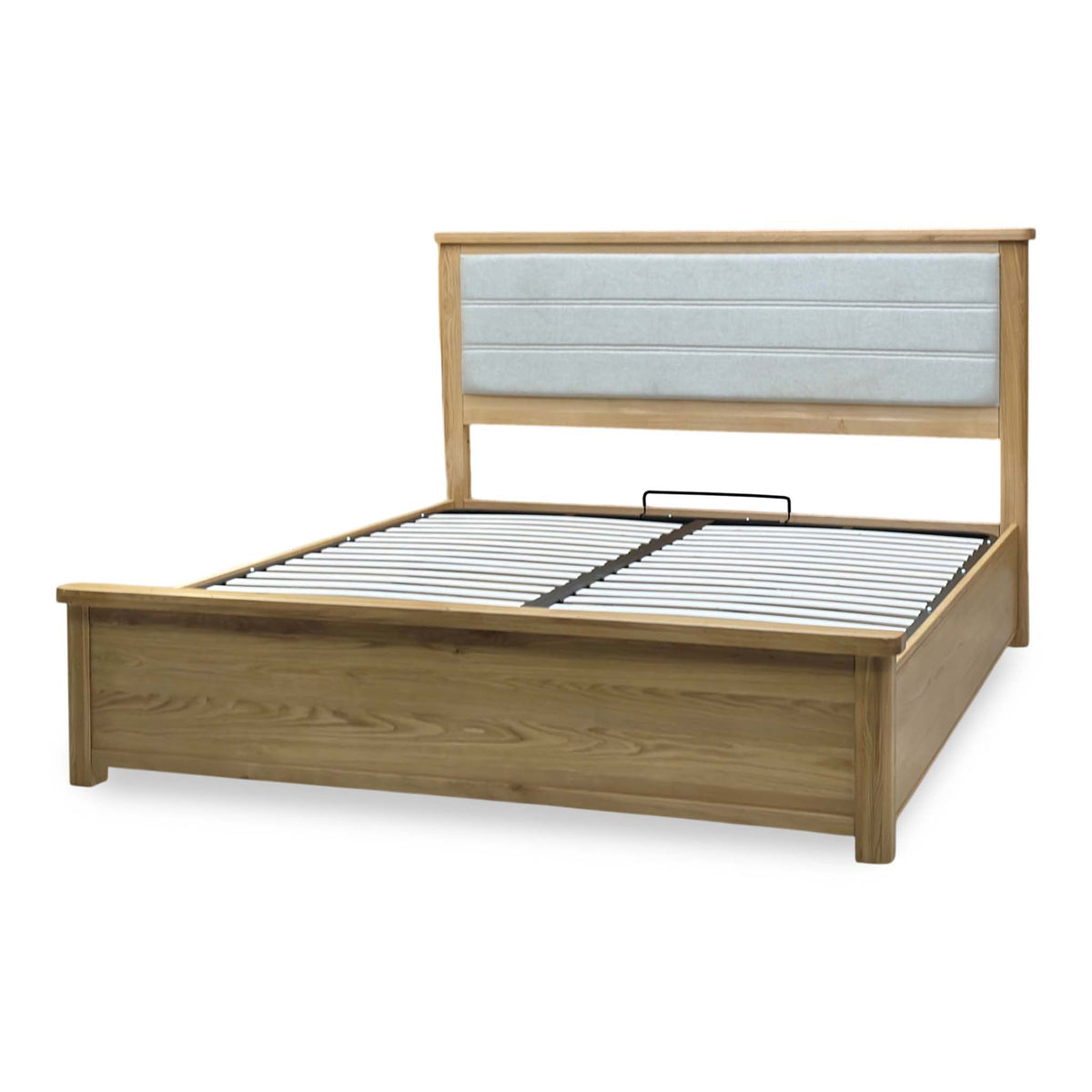 Augusta solid oak super king ottoman bed frame angled from the right showing the sprung slats