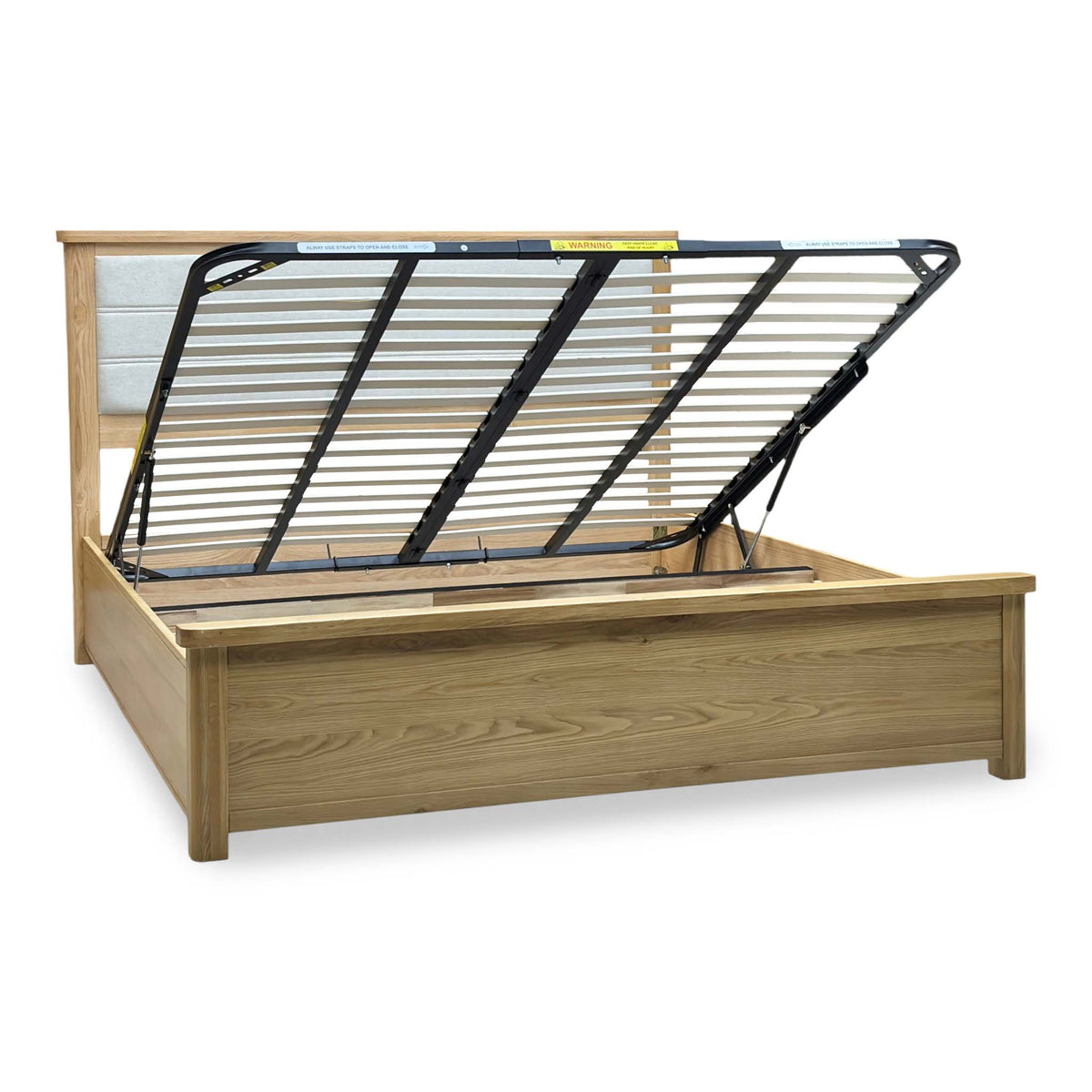 Front view of the Augusta solid oak super king ottoman bed frame with the slats closed