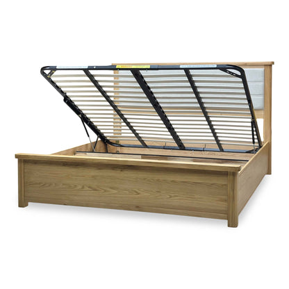 Augusta super king ottoman bed frame open storage, seen from the right with the gas lift raised