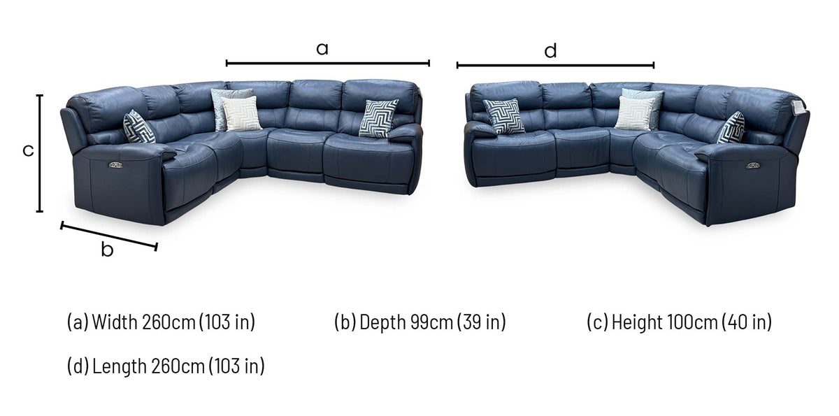 'Link' Nc-313e Ocean Blue Leather Large Power Recliner Corner Sofa with Power Headrests