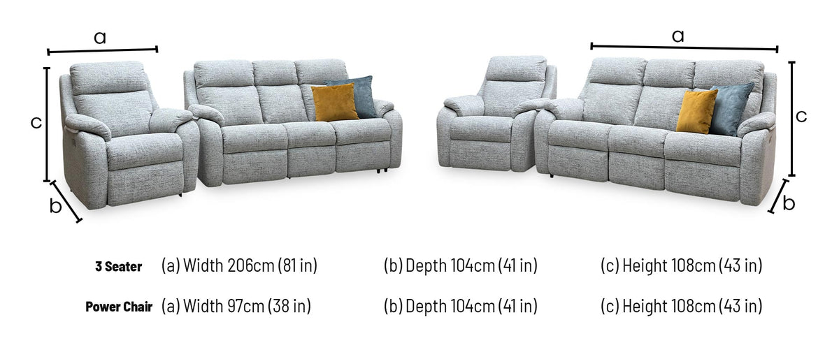 G Plan Kingsbury dimensions: 3 seater width 206cm, depth 104cm, height 108cm; power chair width 97cm