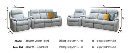 G Plan Kingsbury dimensions: 3 seater width 206cm, depth 104cm, height 108cm; power chair width 97cm