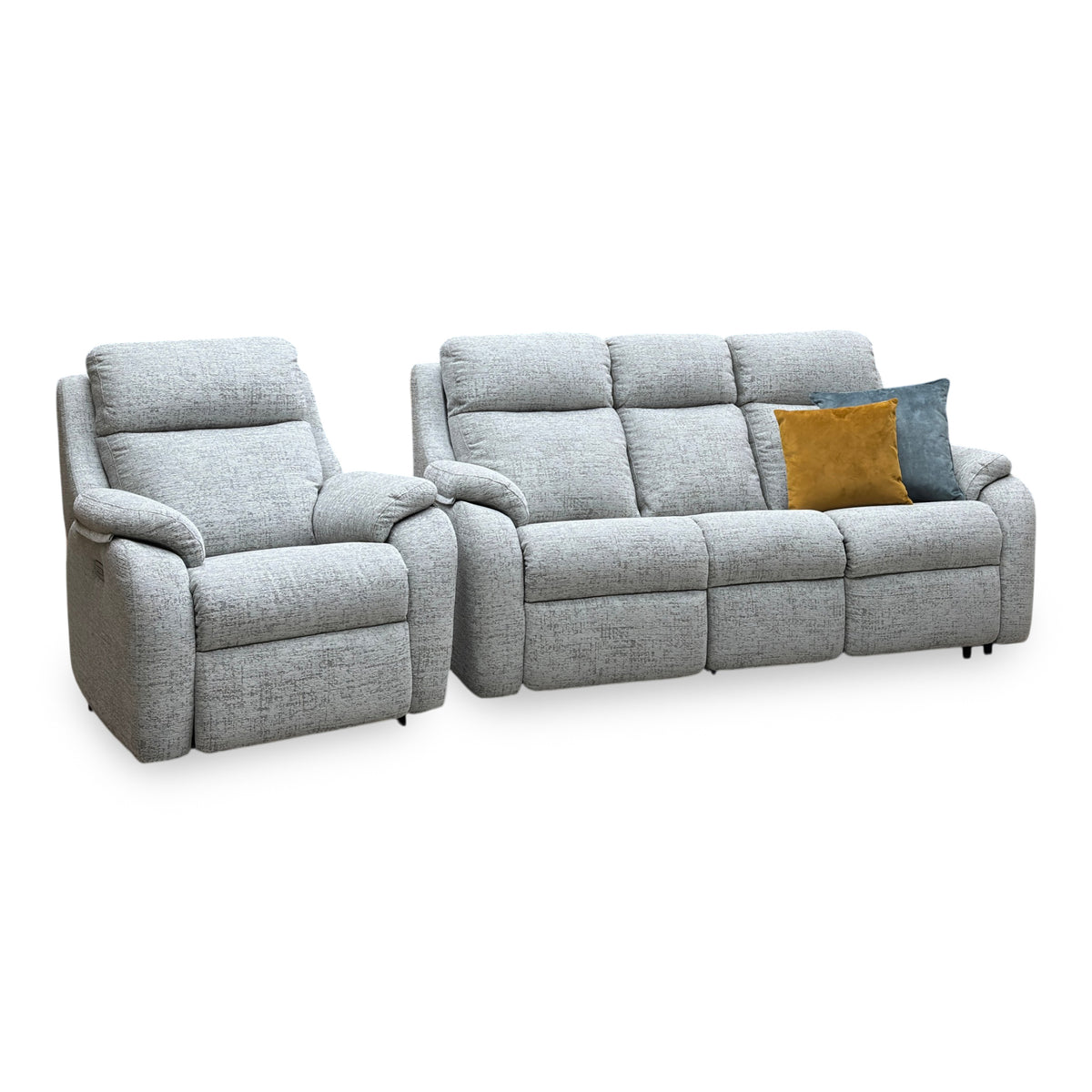 G Plan Kingsbury mist grey fabric 3 seater sofa and chair upright, angled view with mustard and teal cushions
