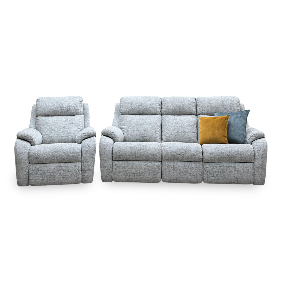 Front view of the G Plan Kingsbury mist grey fabric power chair and 3 seater sofa side by side