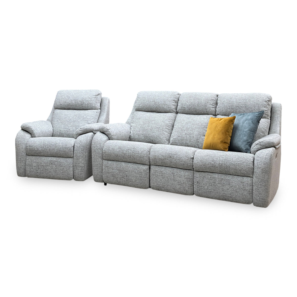 G Plan Kingsbury mist grey fabric chair and 3 seater sofa seen from the right, both upright