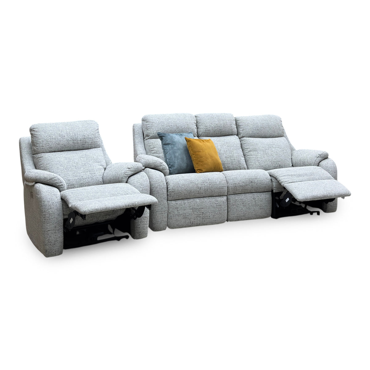 G Plan Kingsbury mist grey fabric 3 seater sofa and power chair with both footrests partly raised, angled view