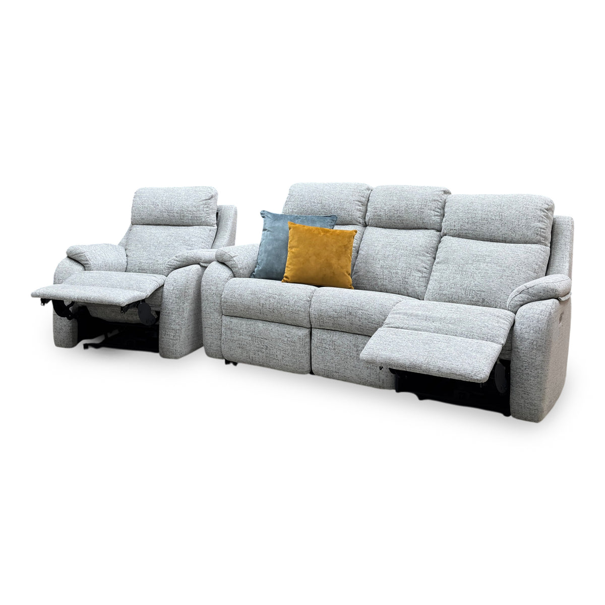 G Plan Kingsbury mist grey fabric chair and 3 seater sofa seen from the right with the footrests raised