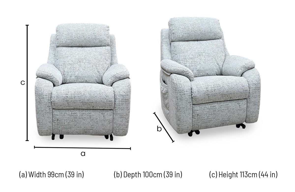 G Plan Kingsbury mist grey fabric lift and rise recliner chair dimensions: width 99cm, depth 100cm, height 113cm