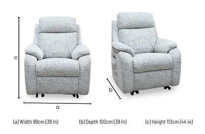 G Plan Kingsbury mist grey fabric lift and rise recliner chair dimensions: width 99cm, depth 100cm, height 113cm