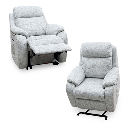 G Plan Kingsbury mist grey fabric large lift and rise recliner chair shown with footrest raised and in the lifted position