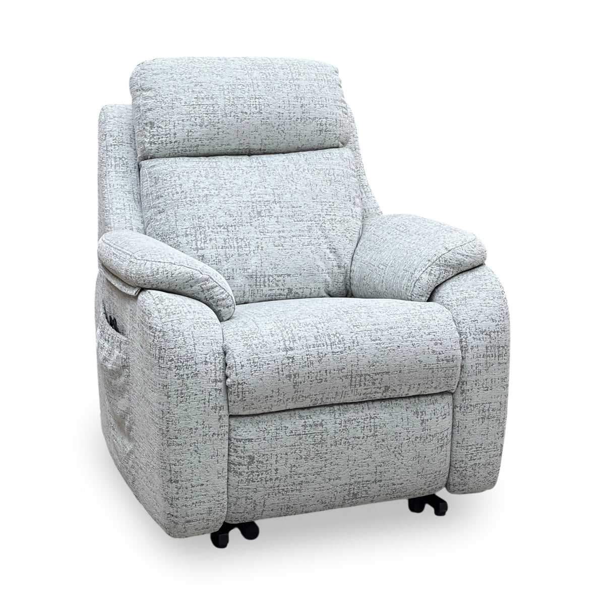 Angled view of the G Plan Kingsbury mist grey fabric large recliner chair upright with a side pocket on the arm