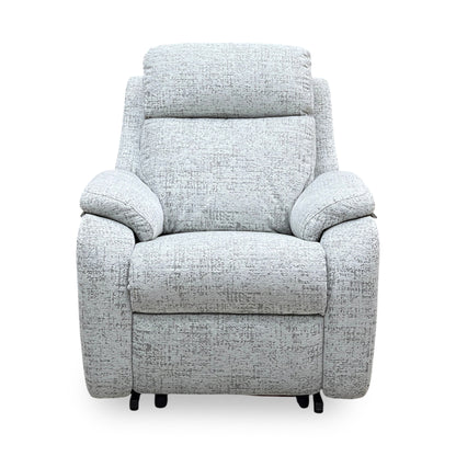 Front view of the G Plan Kingsbury mist grey fabric large lift and rise recliner chair