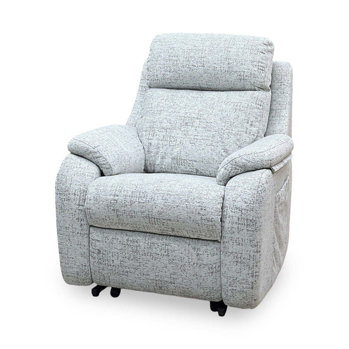 G Plan Kingsbury mist grey fabric large recliner chair upright, angled view showing the padded headrest and arms