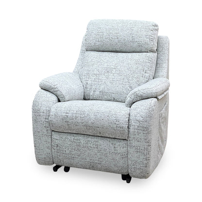 G Plan Kingsbury mist grey fabric large recliner chair upright, angled view showing the padded headrest and arms