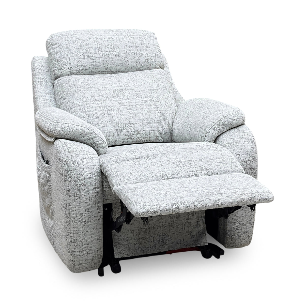 G Plan Kingsbury mist grey fabric recliner chair reclined with the footrest extended, seen from the left