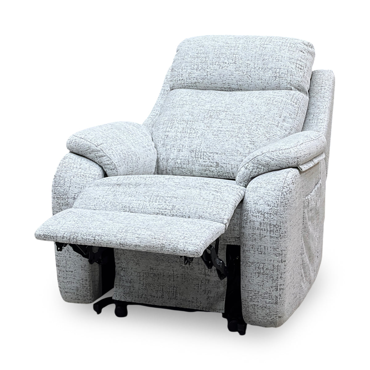 G Plan Kingsbury mist grey fabric recliner chair with the footrest raised, angled view from the right
