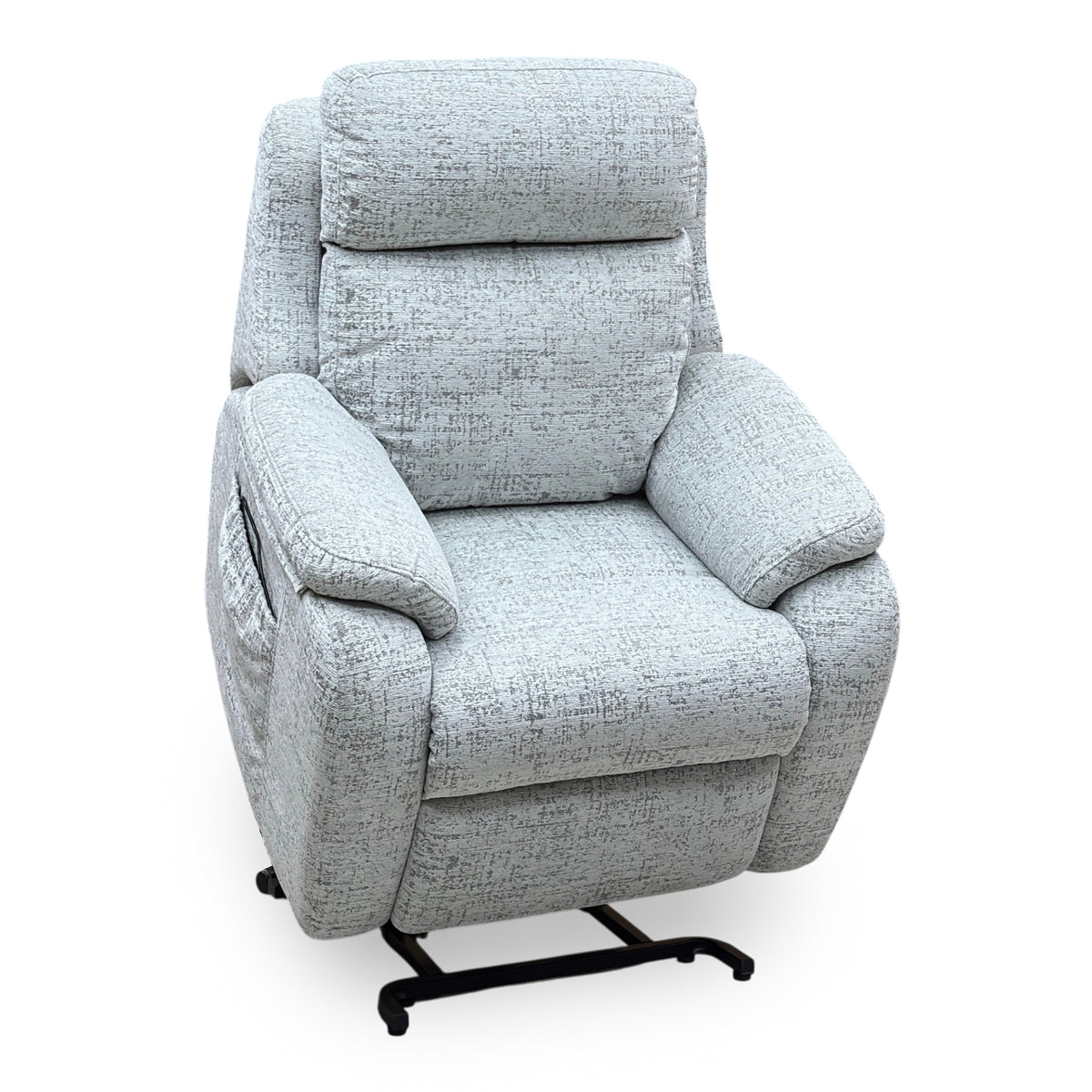 G Plan Kingsbury mist grey fabric lift and rise chair raised on its lift mechanism, seen from the left