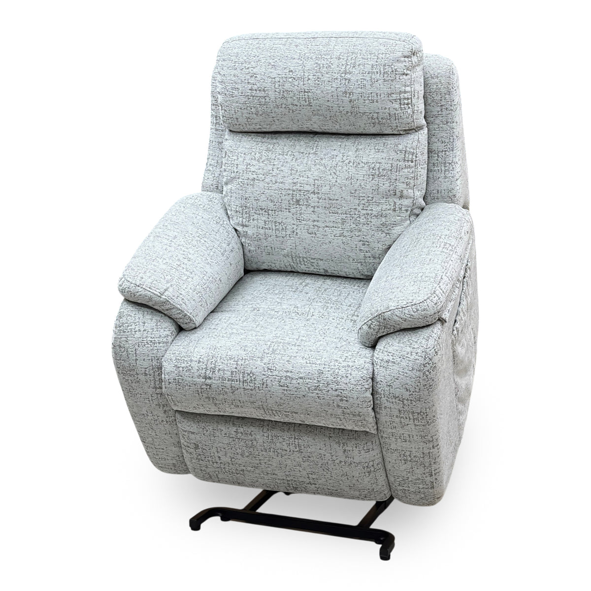 G Plan Kingsbury mist grey fabric lift and rise chair tilted forward in the lift position, seen from the right