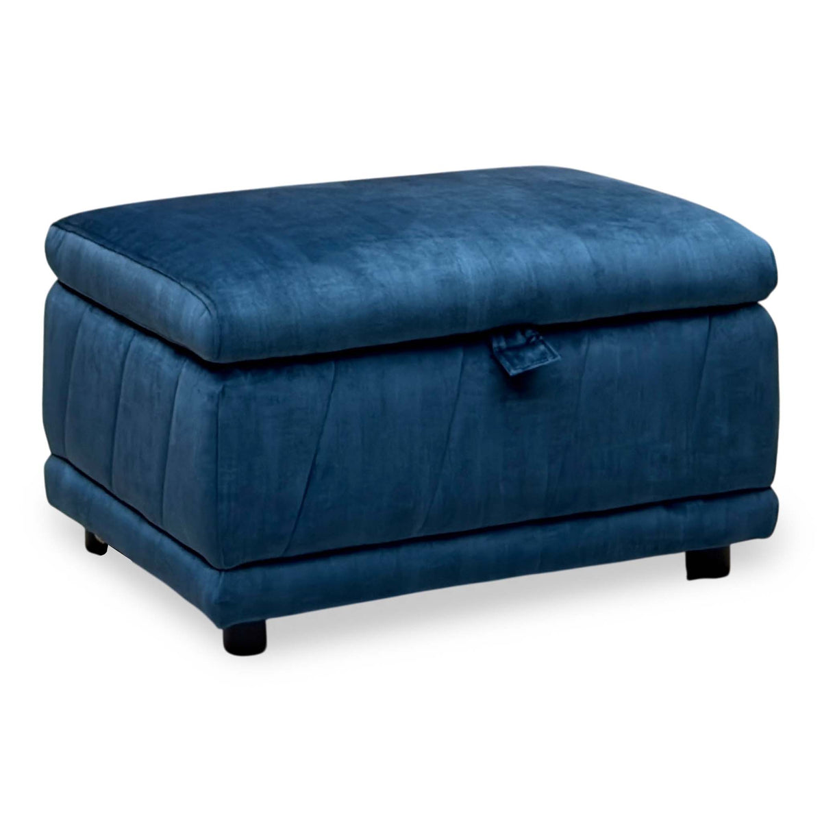 Genius navy blue velvet storage footstool, angled view showing the padded lid and tab handle