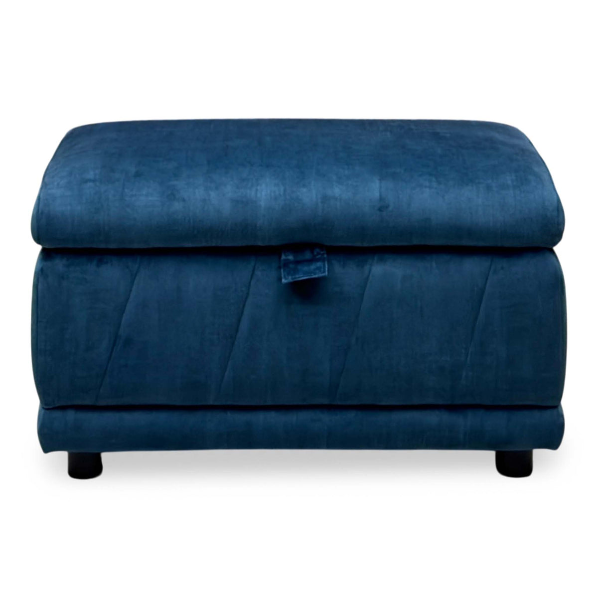 Front view of the Genius navy blue velvet storage footstool with pleated panels and dark feet