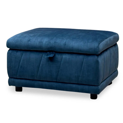 Genius navy blue velvet storage footstool with the lid closed, angled view from the right