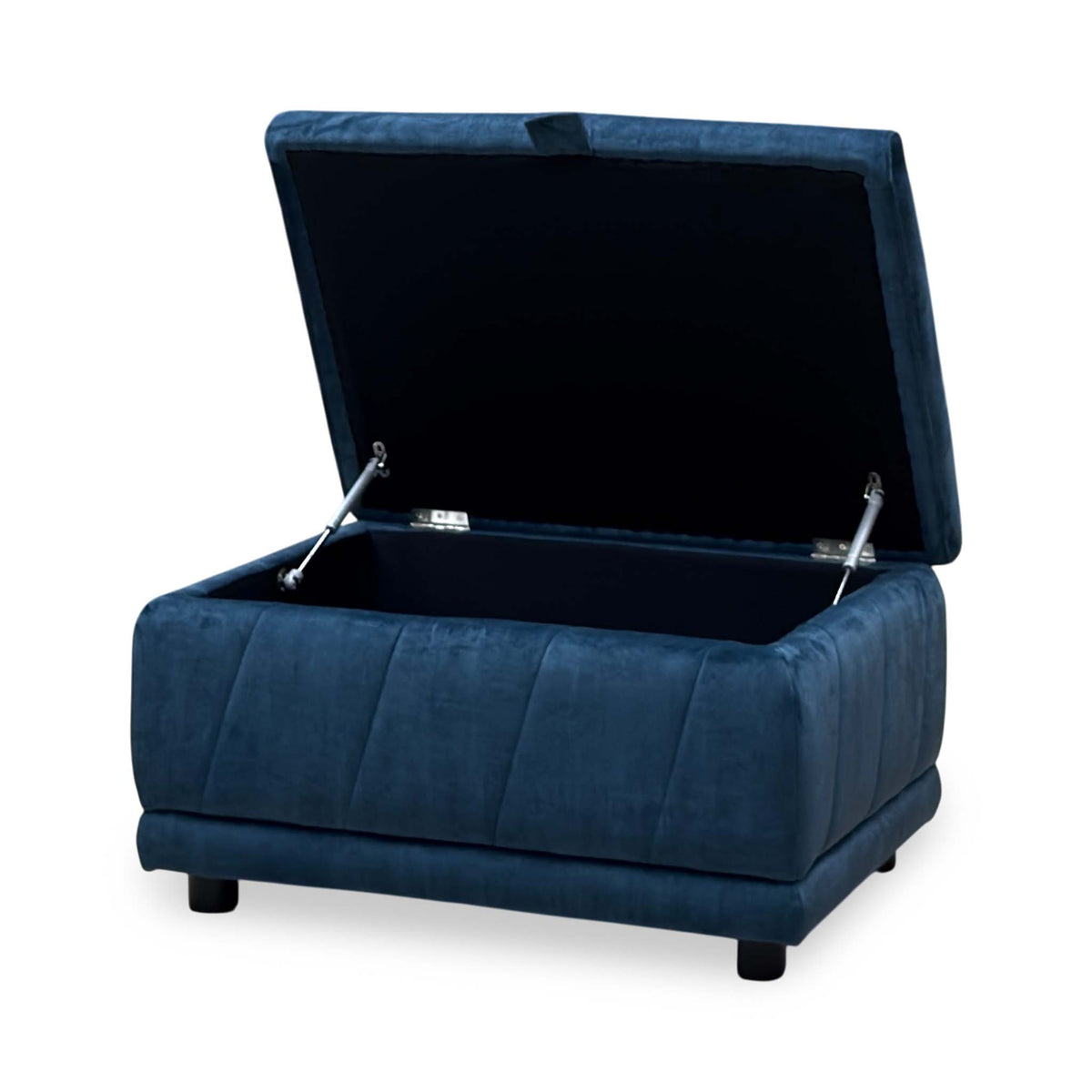 Genius navy blue velvet storage footstool with the lid open showing the storage space, angled from the left