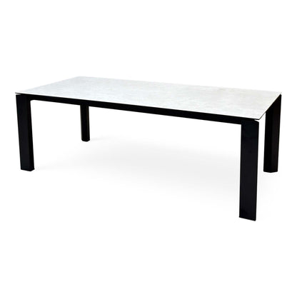 Connubia Viola light grey ceramic top 220cm dining table seen from the right end, black rectangular legs