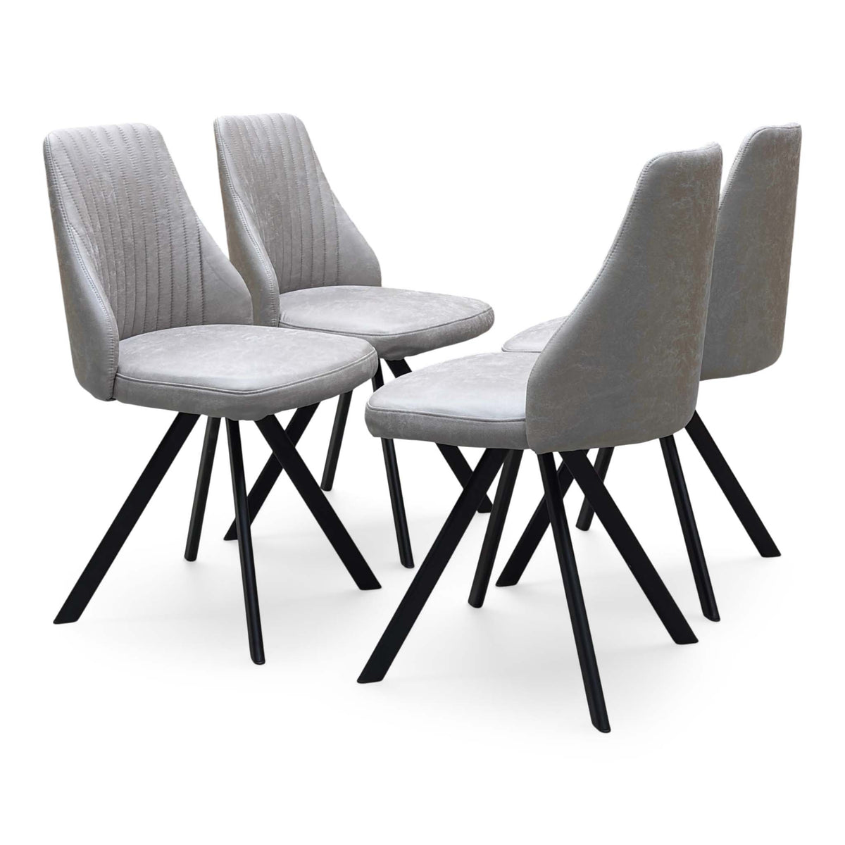 Vida taupe faux leather swivel dining chairs seen from the front and behind, showing the vertical stitching