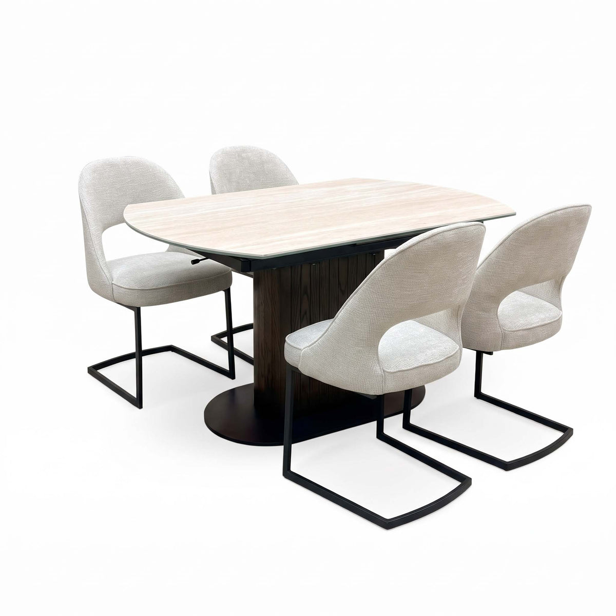 Tiber dining set from the left, travertine ceramic table top and beige fabric cantilever chairs on black metal frames