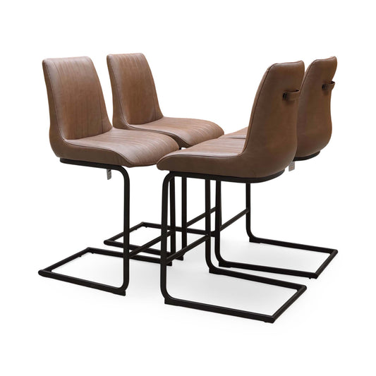 Bodahl Terra cognac brown faux leather set of 4 cantilever bar stools, angled view on black metal frames