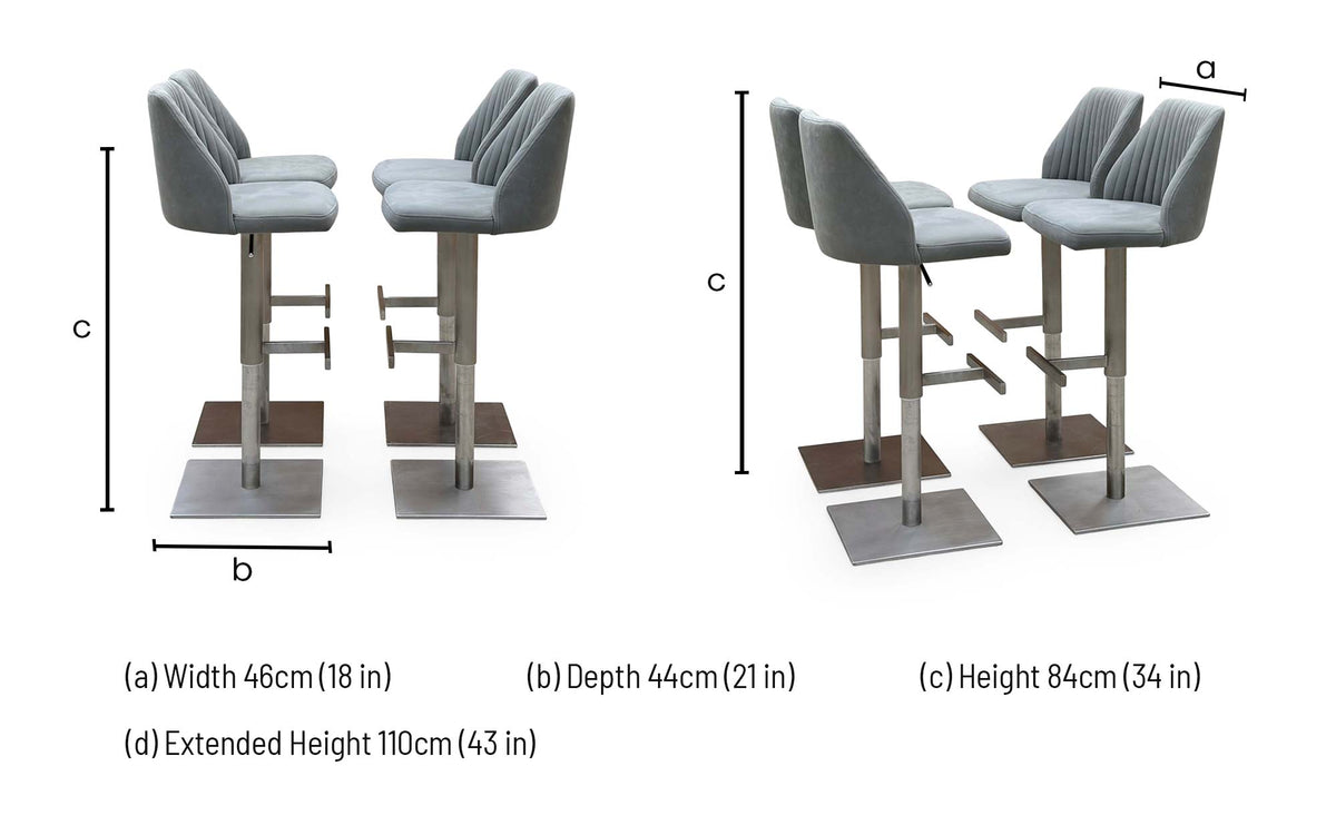 Grigio grey fabric swivel bar stool dimensions: width 46cm, depth 44cm, height 84cm, extended height 110cm