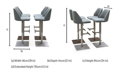 Grigio grey fabric swivel bar stool dimensions: width 46cm, depth 44cm, height 84cm, extended height 110cm