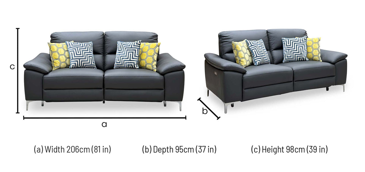 Pavillion charcoal grey leather 3 seater power recliner sofa dimensions: width 206cm, depth 95cm, height 98cm