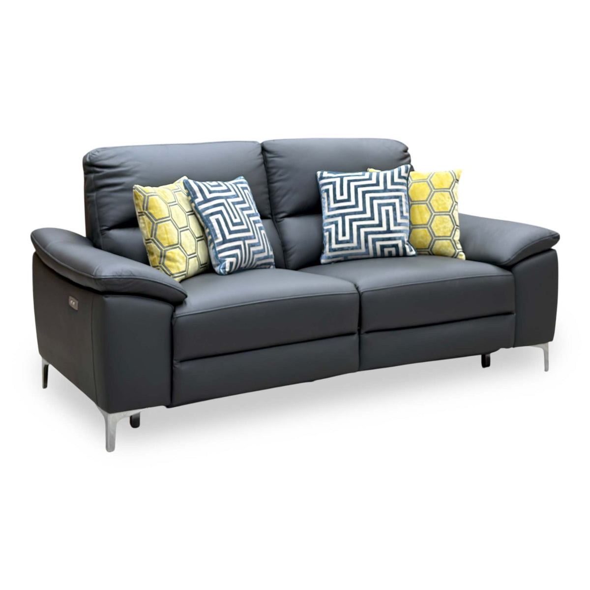 Pavillion charcoal grey leather 3 seater power recliner sofa upright, angled view showing the chrome legs